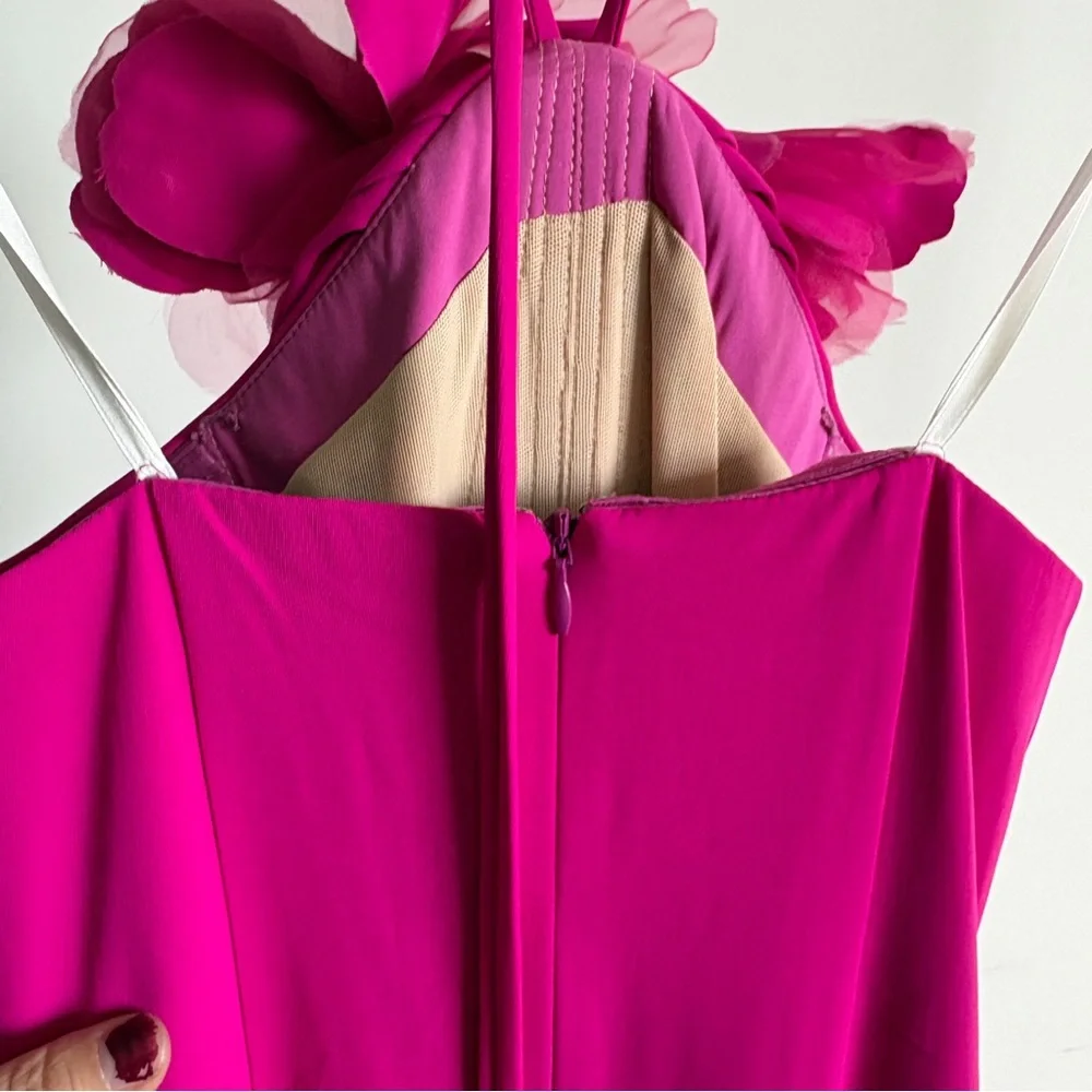 Halston Heritage Hot Pink Halter Maxi Dress with Floral Neck Detail - Picture 9 of 16